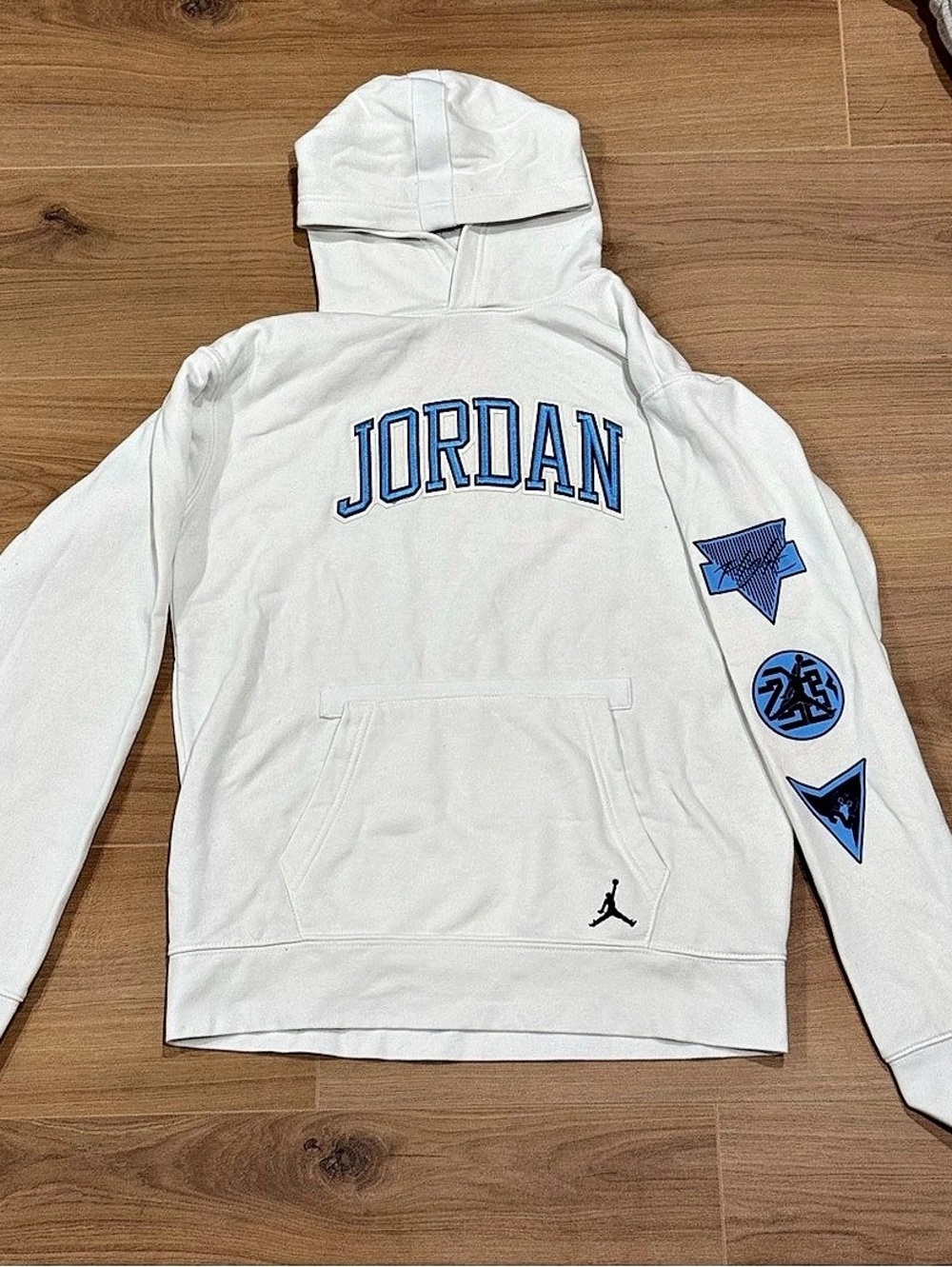 Jordan Essentials Statement Flight Fleece Washed Pullover Hoodie White & Blue